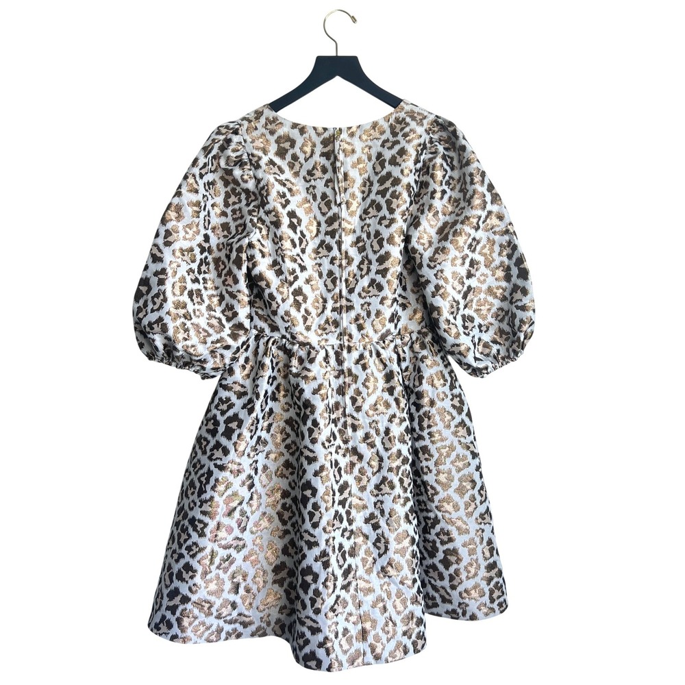 Lilly Pulitzer Leopard Calyssa Metallic Jacquard Puff Sleeve Dress Gold Silver 4 - Picture 4 of 13